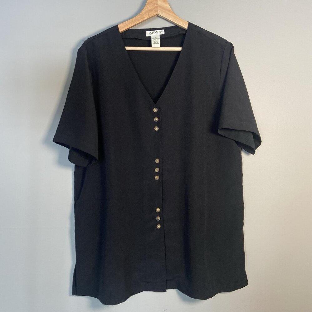 Orvis Ladies Button Front Blouse Black Size Large‎ Tunic Minimalist Classic